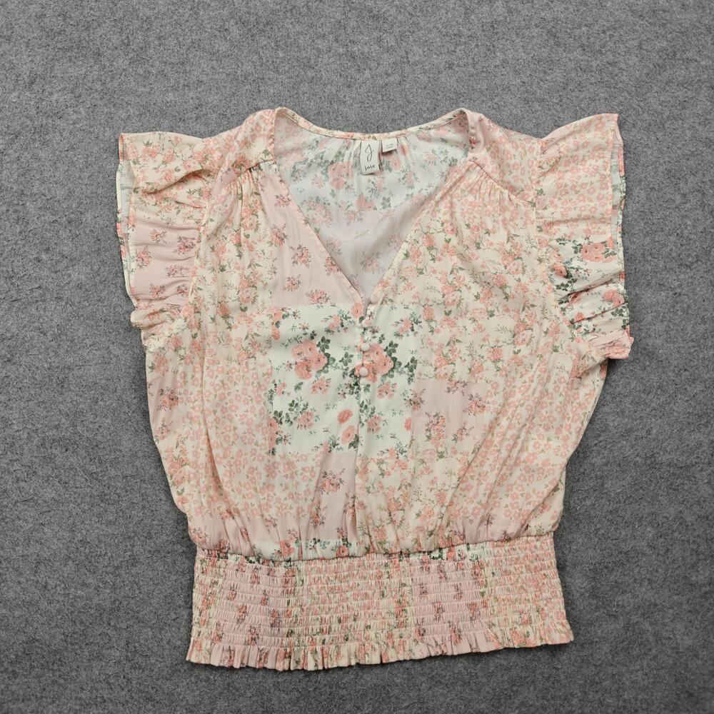 Joie Blouse Womens Large Pink Floral Cropped Flutter Sleeve Chiffon Button Front